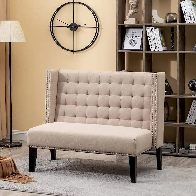 Two-Seat Linen Upholstered Settee with Tufting and Nailhead Trim