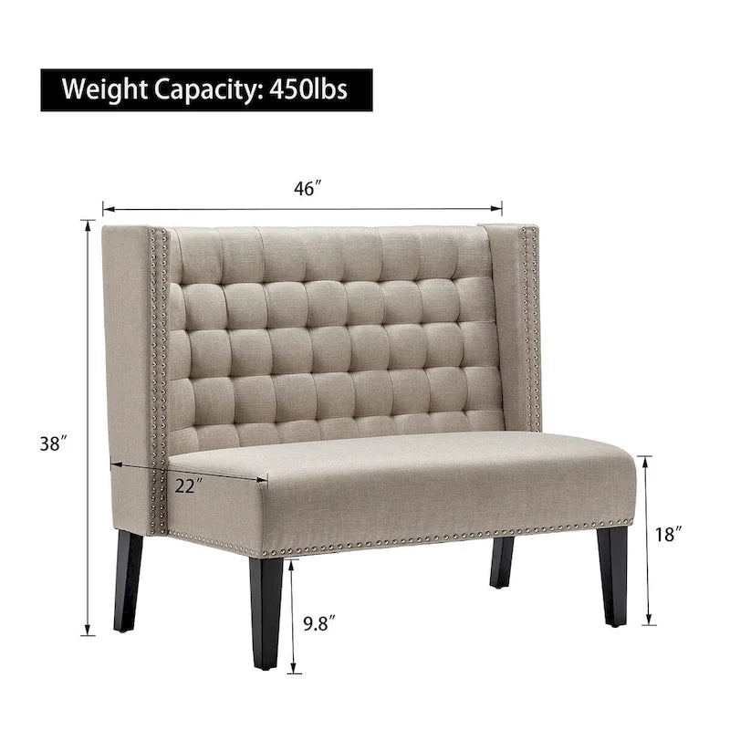 Two-Seat Linen Upholstered Settee with Tufting and Nailhead Trim