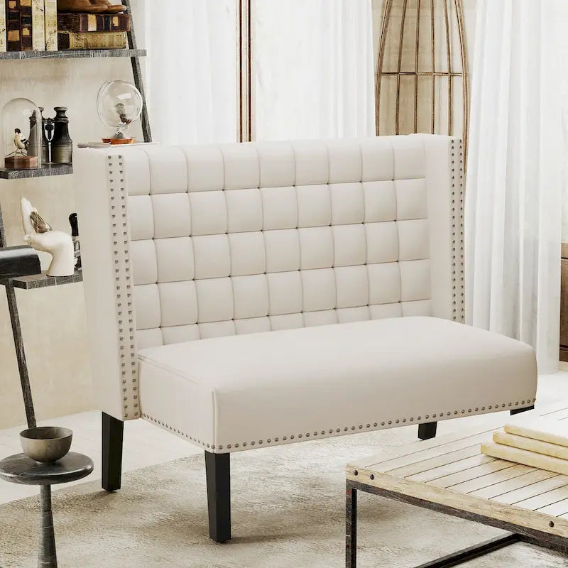 Two-Seat Linen Upholstered Settee with Tufting and Nailhead Trim