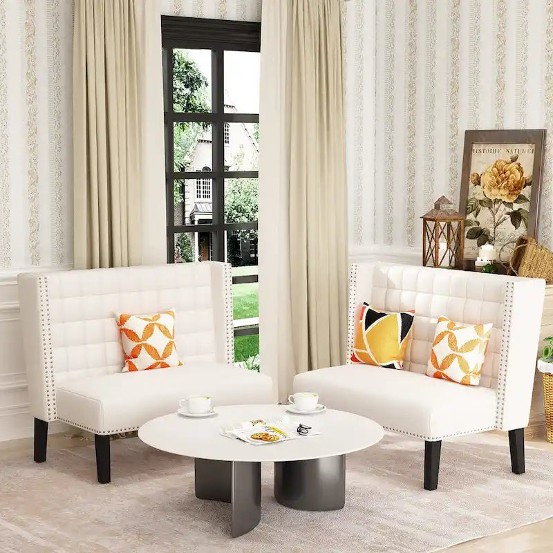 Two-Seat Linen Upholstered Settee with Tufting and Nailhead Trim