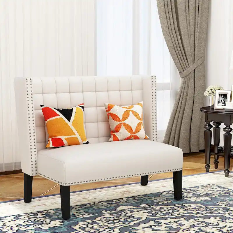Two-Seat Linen Upholstered Settee with Tufting and Nailhead Trim