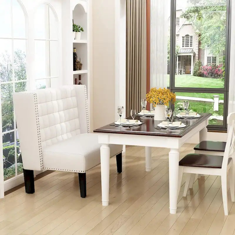 Two-Seat Linen Upholstered Settee with Tufting and Nailhead Trim