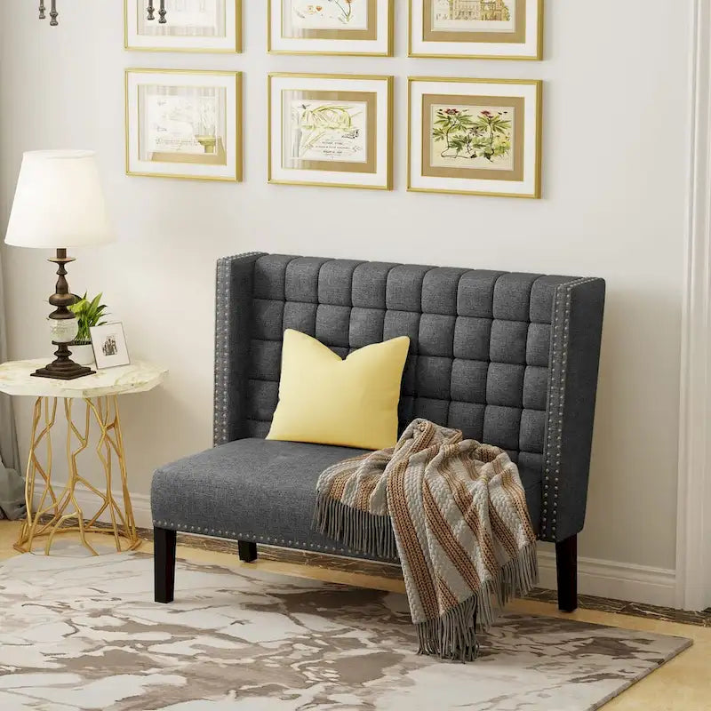 Two-Seat Linen Upholstered Settee with Tufting and Nailhead Trim