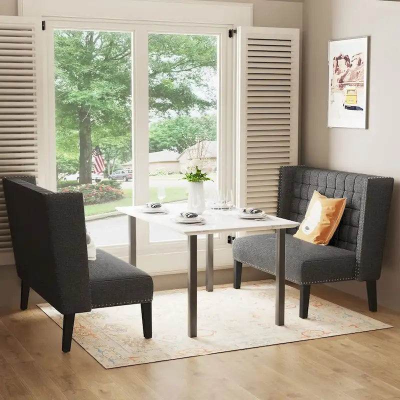 Two-Seat Linen Upholstered Settee with Tufting and Nailhead Trim