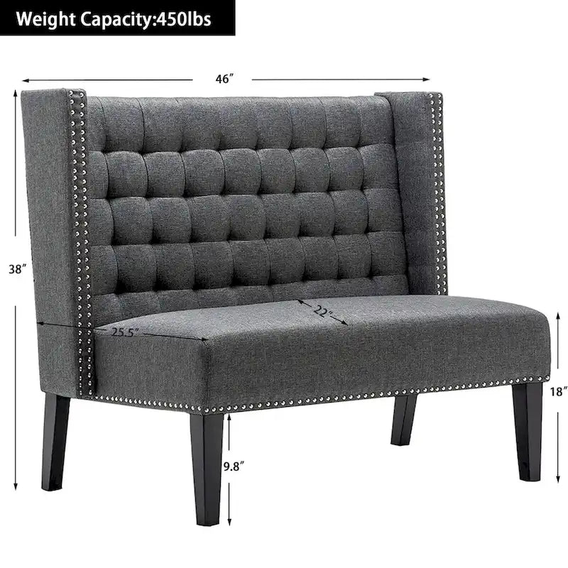 Two-Seat Linen Upholstered Settee with Tufting and Nailhead Trim