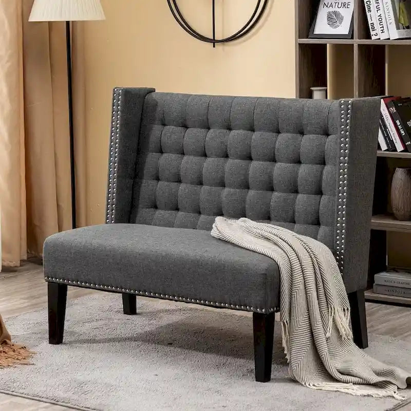 Two-Seat Linen Upholstered Settee with Tufting and Nailhead Trim