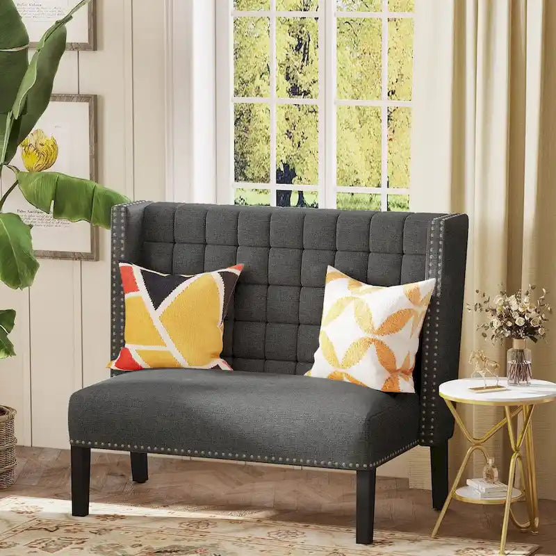 Two-Seat Linen Upholstered Settee with Tufting and Nailhead Trim