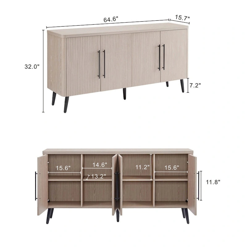 Mid-Century Modern 64.6-Inch Sideboard with Ribbed Doors