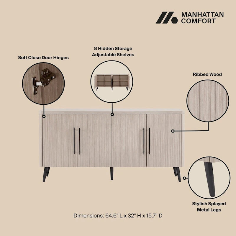 Mid-Century Modern 64.6-Inch Sideboard with Ribbed Doors