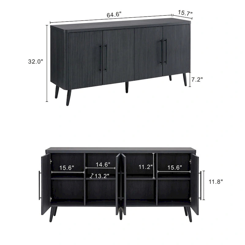 Mid-Century Modern 64.6-Inch Sideboard with Ribbed Doors