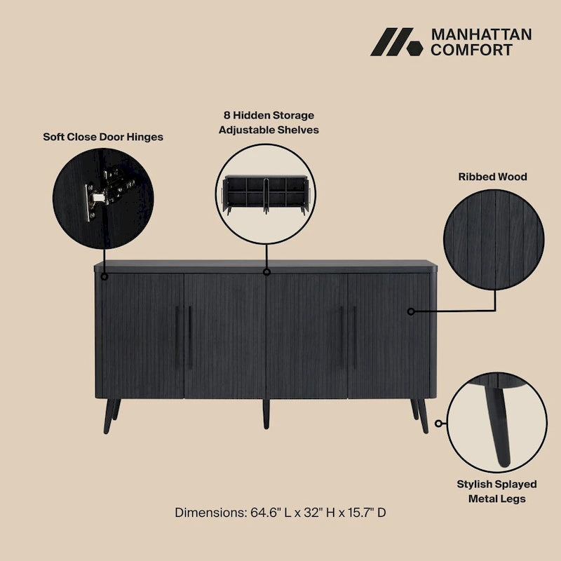 Mid-Century Modern 64.6-Inch Sideboard with Ribbed Doors