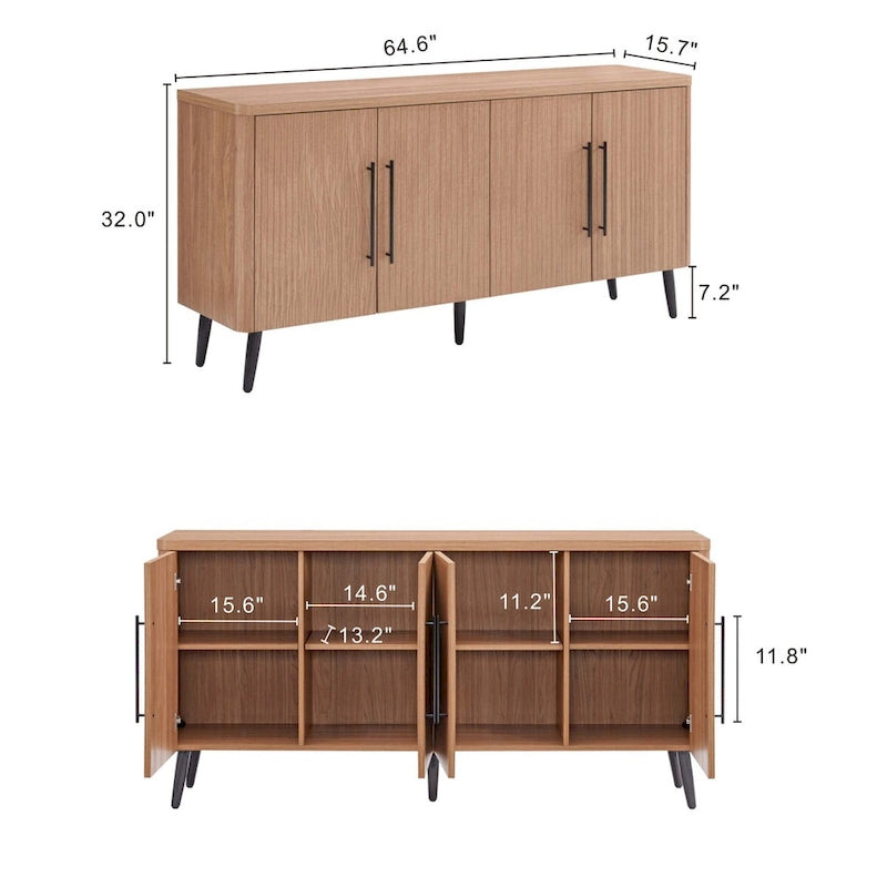 Mid-Century Modern 64.6-Inch Sideboard with Ribbed Doors