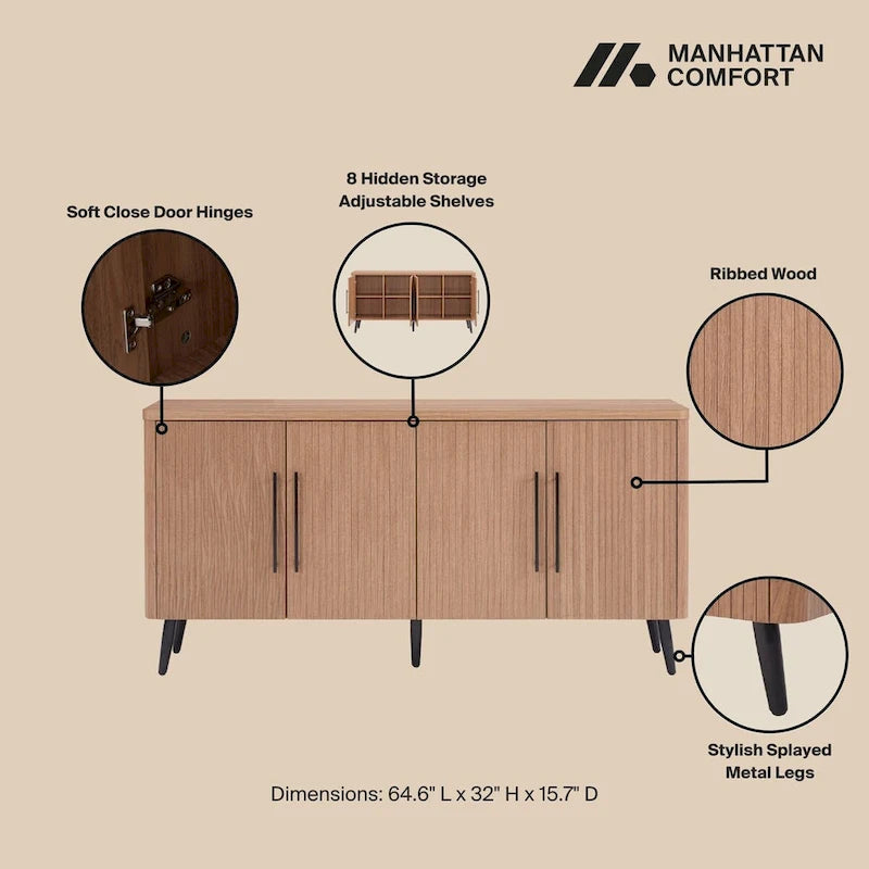 Mid-Century Modern 64.6-Inch Sideboard with Ribbed Doors