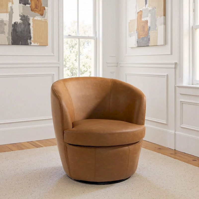 Modern 360° Swivel Faux Leather Barrel Accent Chair