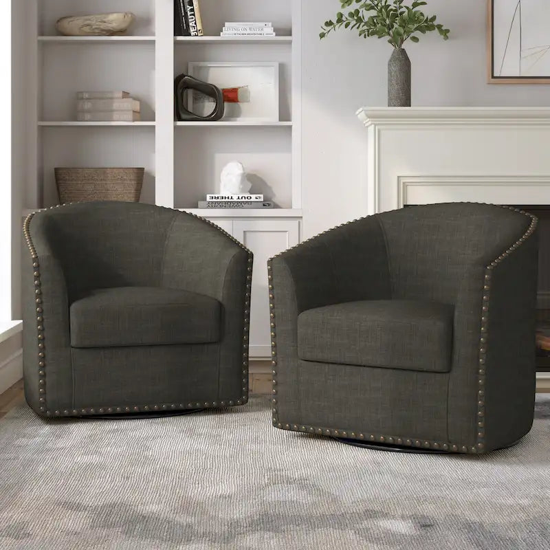 Upholstered Swivel Barrel Chairs with Nailhead Trim, Set of 2