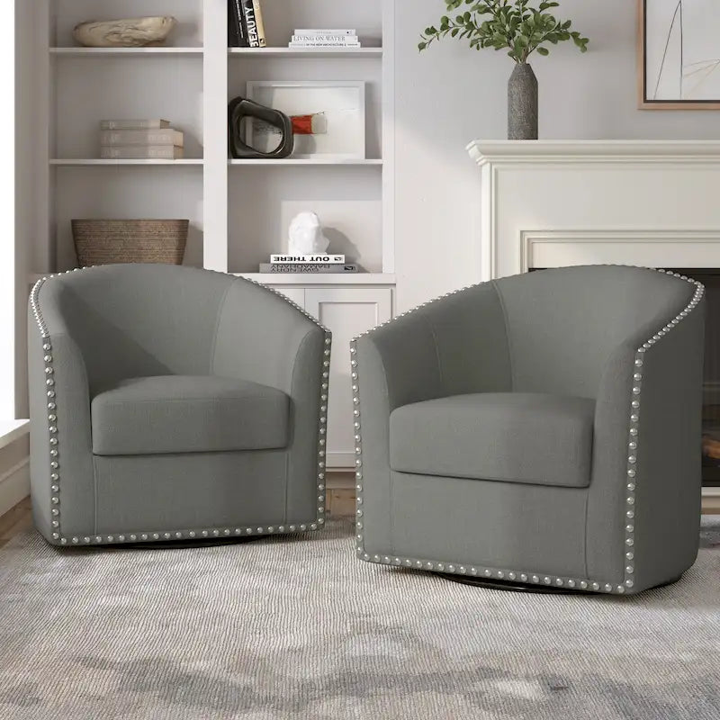 Upholstered Swivel Barrel Chairs with Nailhead Trim, Set of 2