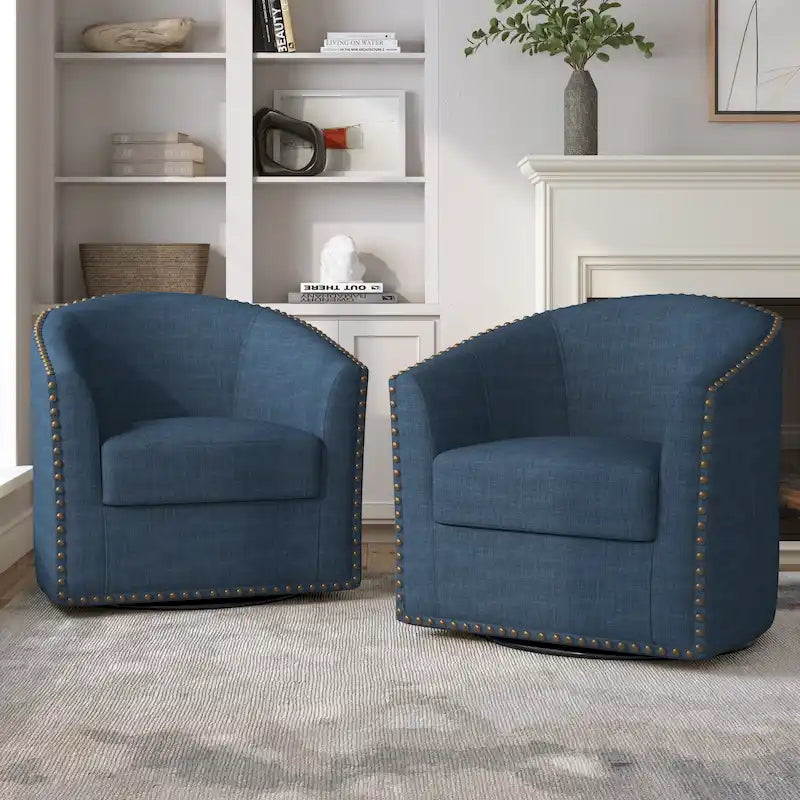 Upholstered Swivel Barrel Chairs with Nailhead Trim, Set of 2