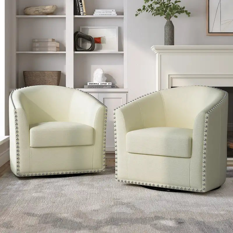 Upholstered Swivel Barrel Chairs with Nailhead Trim, Set of 2