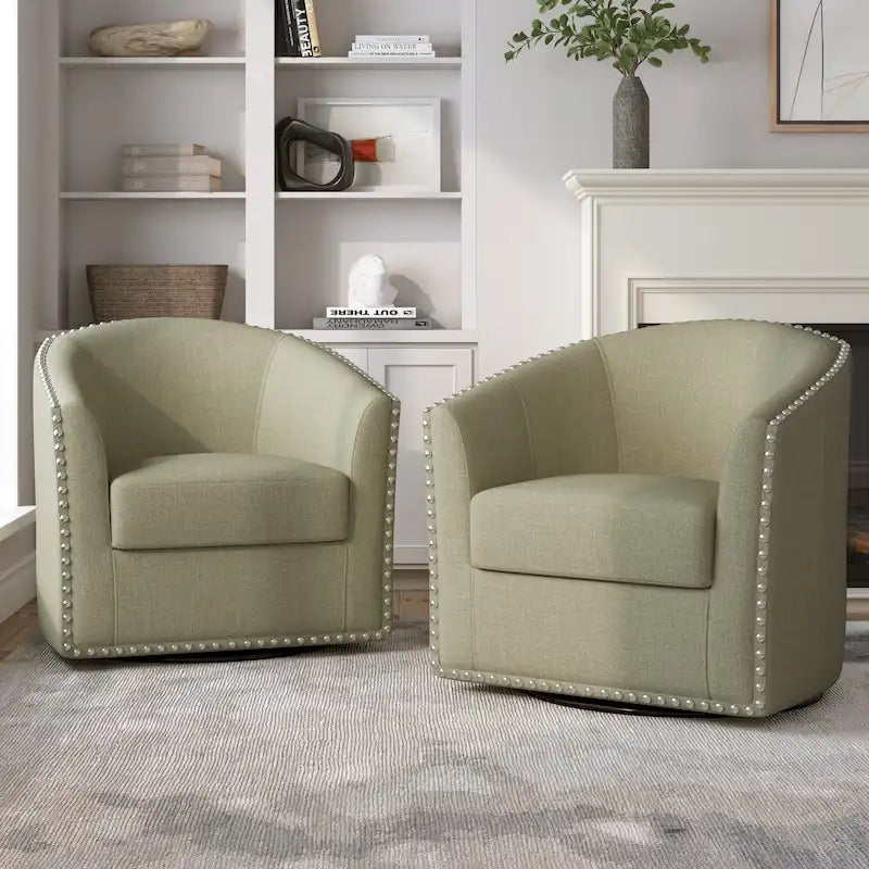Upholstered Swivel Barrel Chairs with Nailhead Trim, Set of 2