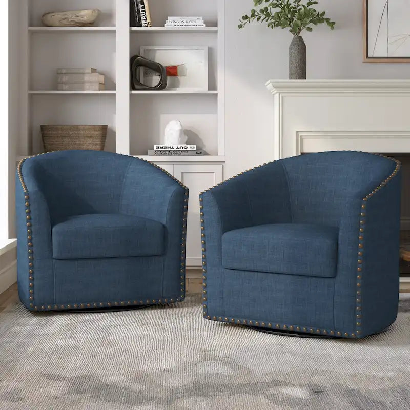 Upholstered Swivel Barrel Chairs with Nailhead Trim, Set of 2