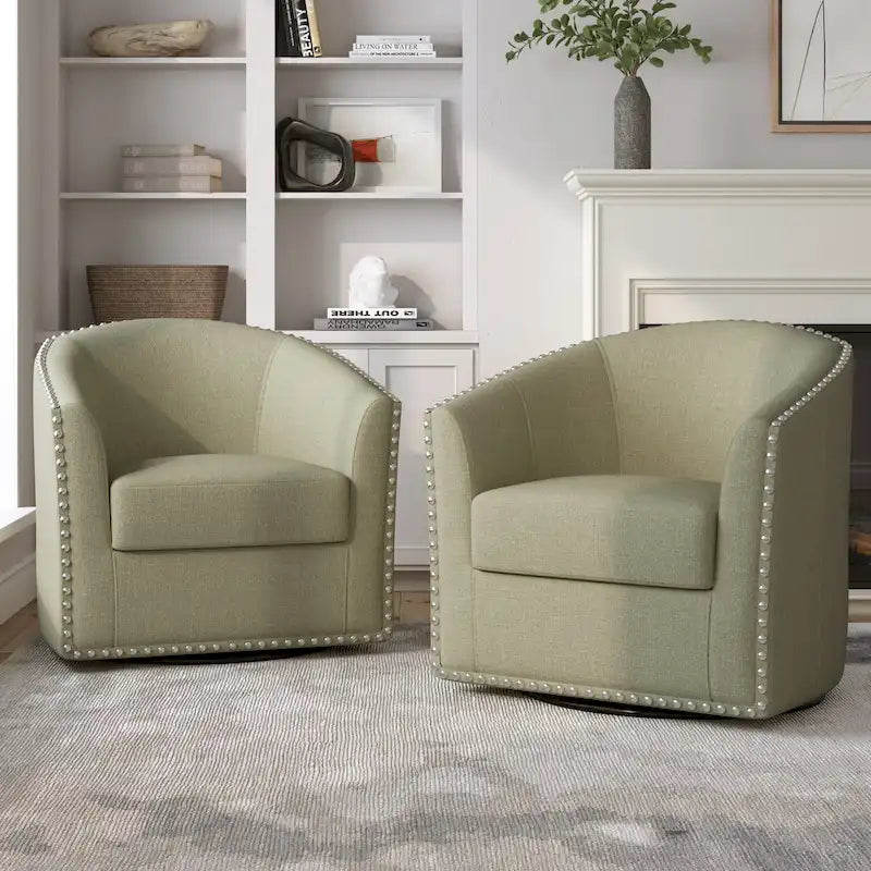 Upholstered Swivel Barrel Chairs with Nailhead Trim, Set of 2