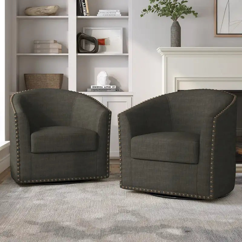 Upholstered Swivel Barrel Chairs with Nailhead Trim, Set of 2