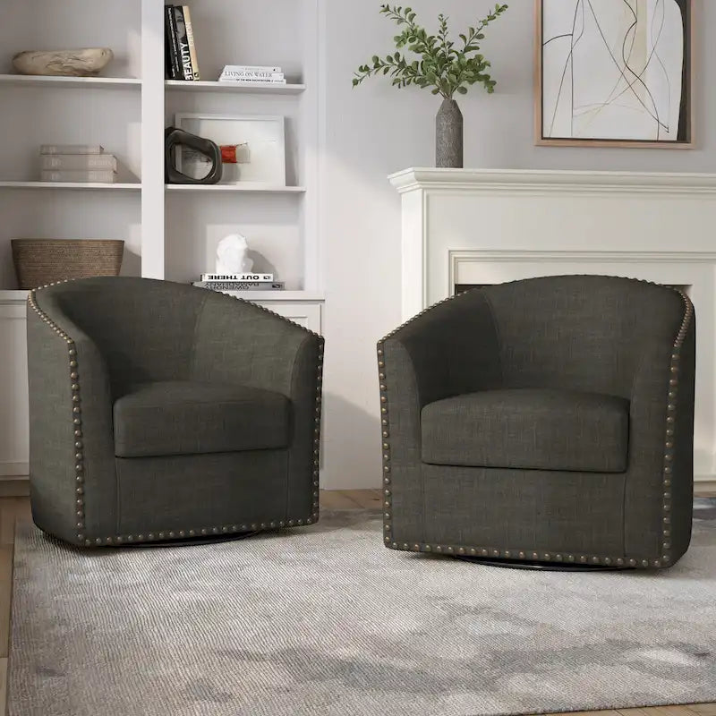 Upholstered Swivel Barrel Chairs with Nailhead Trim, Set of 2