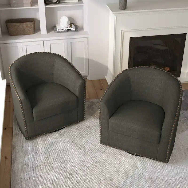 Upholstered Swivel Barrel Chairs with Nailhead Trim, Set of 2