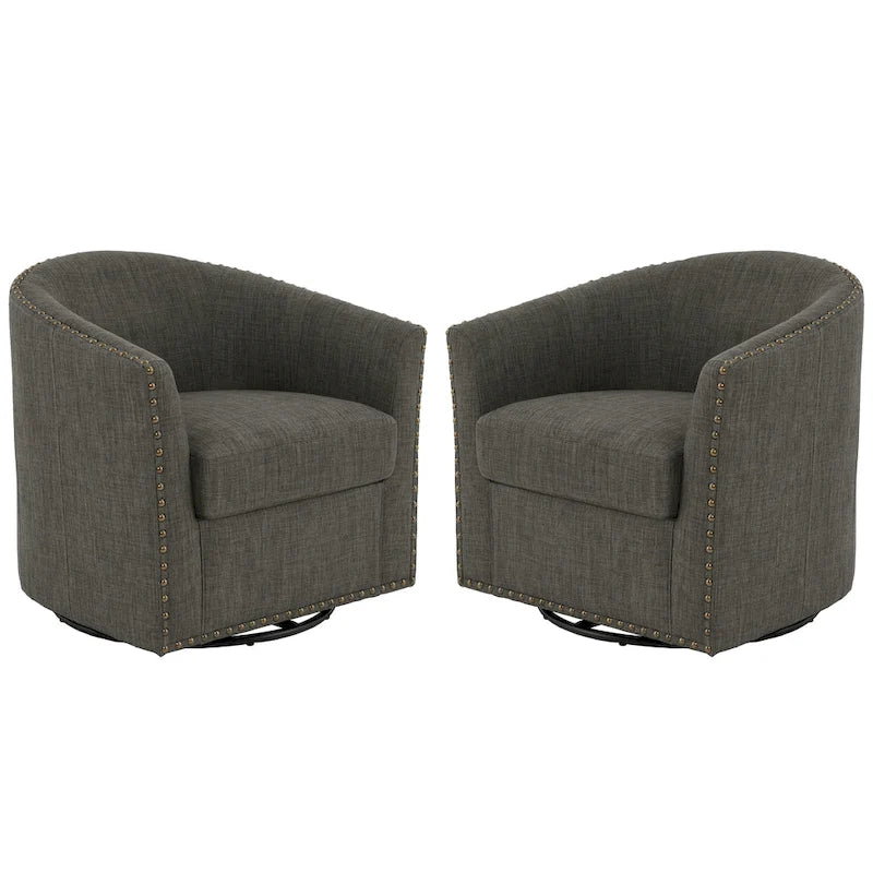 Upholstered Swivel Barrel Chairs with Nailhead Trim, Set of 2