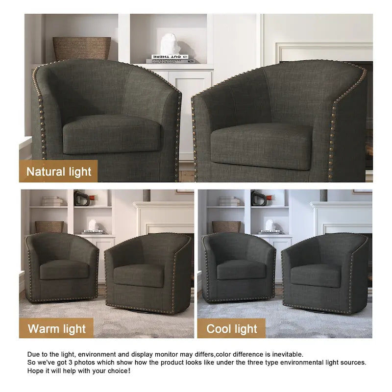 Upholstered Swivel Barrel Chairs with Nailhead Trim, Set of 2