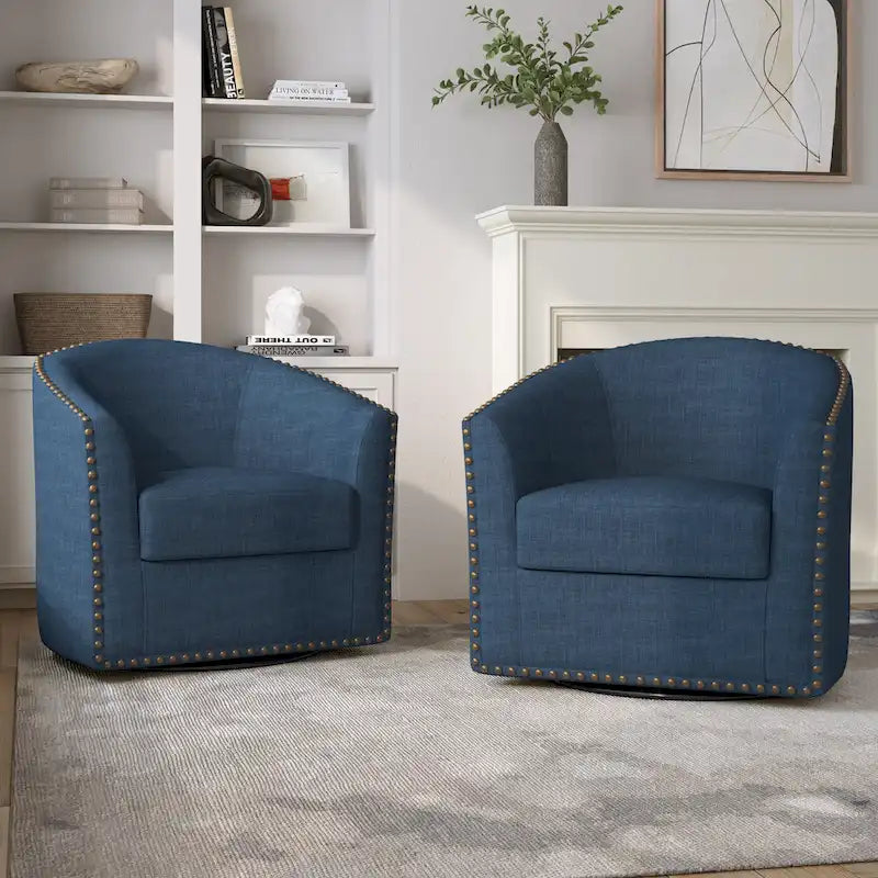 Upholstered Swivel Barrel Chairs with Nailhead Trim, Set of 2