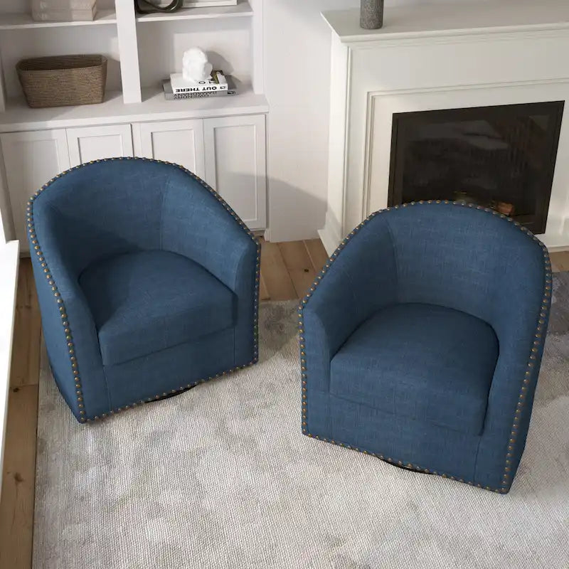 Upholstered Swivel Barrel Chairs with Nailhead Trim, Set of 2