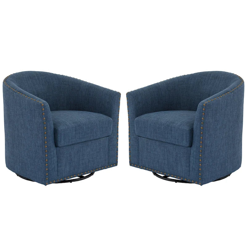 Upholstered Swivel Barrel Chairs with Nailhead Trim, Set of 2