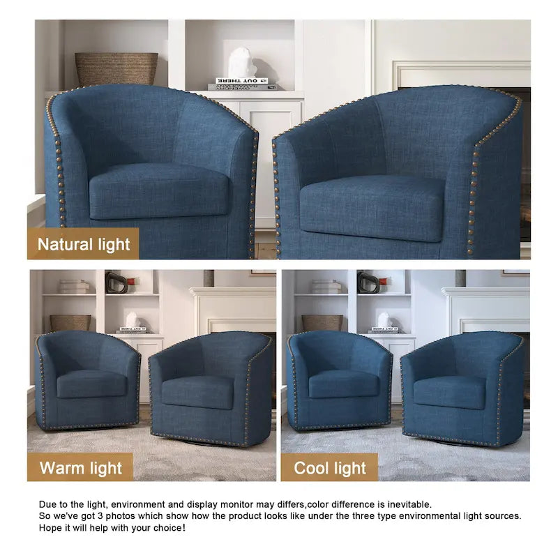 Upholstered Swivel Barrel Chairs with Nailhead Trim, Set of 2