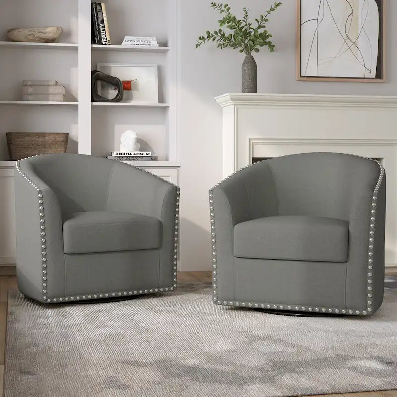 Upholstered Swivel Barrel Chairs with Nailhead Trim, Set of 2