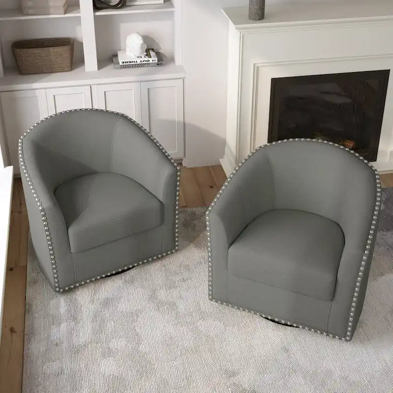 Upholstered Swivel Barrel Chairs with Nailhead Trim, Set of 2