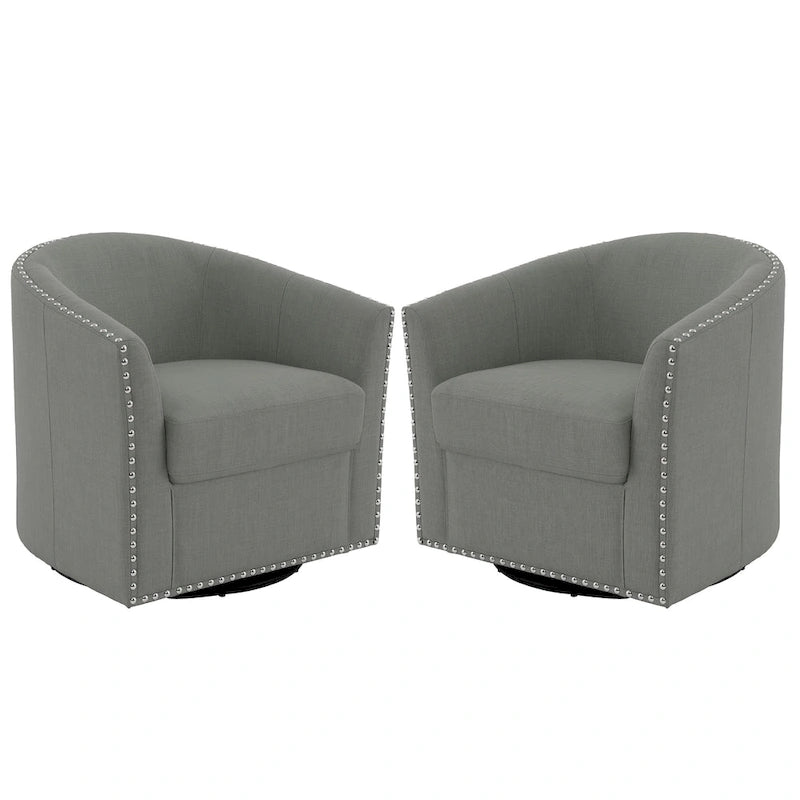 Upholstered Swivel Barrel Chairs with Nailhead Trim, Set of 2