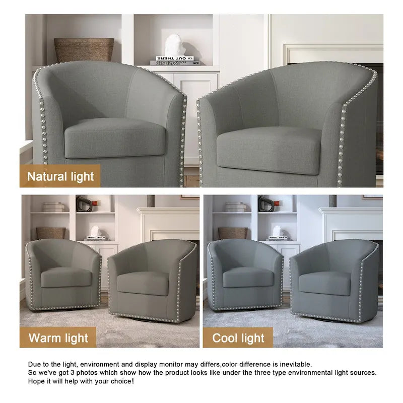 Upholstered Swivel Barrel Chairs with Nailhead Trim, Set of 2