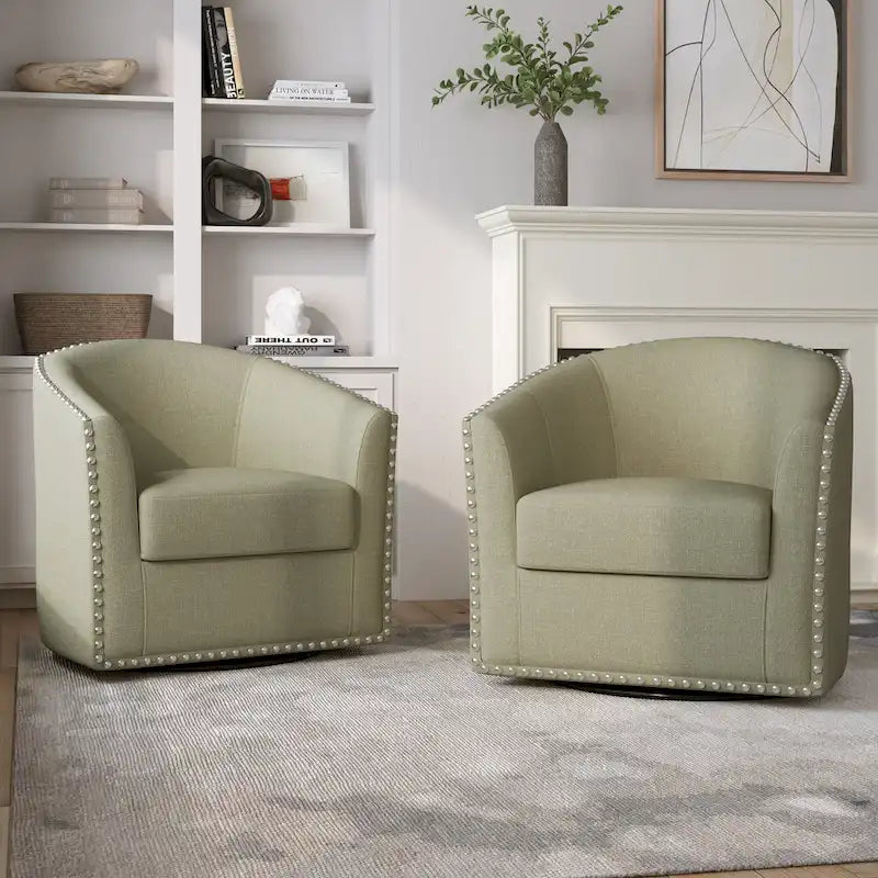 Upholstered Swivel Barrel Chairs with Nailhead Trim, Set of 2