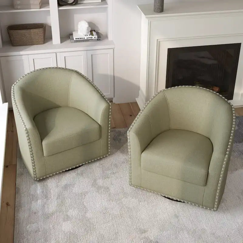 Upholstered Swivel Barrel Chairs with Nailhead Trim, Set of 2