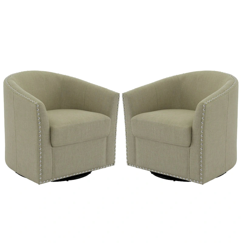 Upholstered Swivel Barrel Chairs with Nailhead Trim, Set of 2